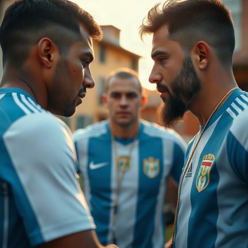 Dos futbolistas uruguayos en un huddle táctico antes del partido
