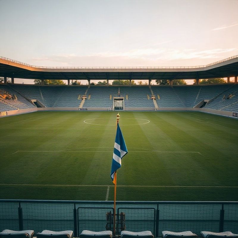 Cancha de fútbol del interior uruguayo con tribunas modestas y bandera de un club